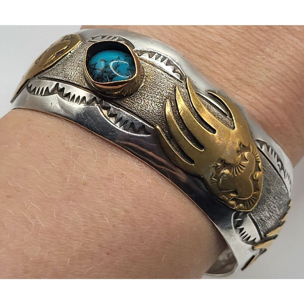 12K GF Native American Turquoise Bear Paw Sterling Bracelet Bangle 38g 2.5in dia
